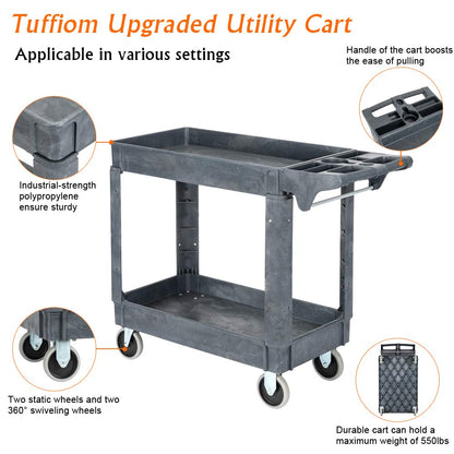 TUFFIOM Plastic Service Utility Cart with Wheels,550lbs Capacity,Heavy Duty Tub Storage Cart W/Deep Shelves, Multipurpose Rolling 2-Tier Mobile Storage Organizer, for Warehouse Garage industr - WoodArtSupply