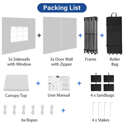 COBIZI 10x30 Pop up Canopy Tent Heavy Duty with 8 Sidewalls, Easy Set-up Commercial Outdoor Party Tent, 100% Waterproof Wedding Tent Gazebo, 3 Height Adjustable with Wheeled Bag, White