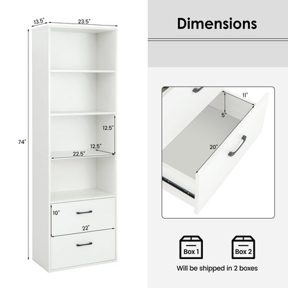 LOKO Modern 74-Inch Tall Bookcase with 2 Drawers & 4 Open Shelves in White - WoodArtSupply