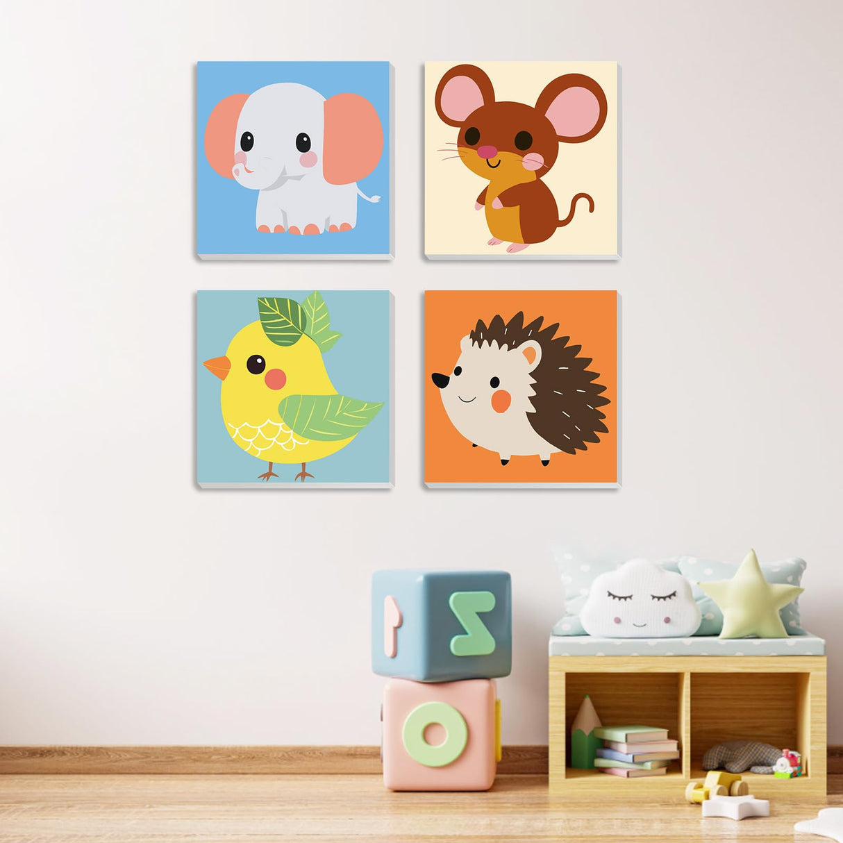 MXJSUA 4 Pack Cute Animals Paint by Numbers Kit with Framed Canvas for Ages 6-12 Kids, Elephant Paint by Numbers Kits for Children Beginners, Acrylic Oil Painting for Home Wall Decor Gift (8x8 inch) MXJSUA