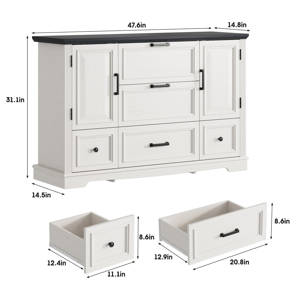 Maupvit Farmhouse 48" Buffet Cabinet with Storage,Coffee Bar Cabinet for Kitchen,Living Room,Wood Rustic Sideboard Cabinet w/5 Drawers&2 Grooved Doors,White Maupvit