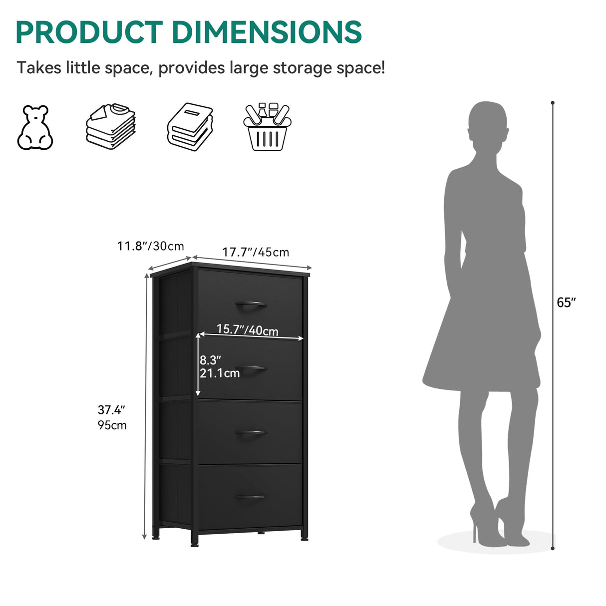 YITAHOME Storage Tower with 4 Drawers - Black Fabric Dresser, Organizer Unit for Bedroom, Living Room, Closets - Sturdy Steel Frame, Easy Pull Fabric Bins & Wooden Top YITAHOME