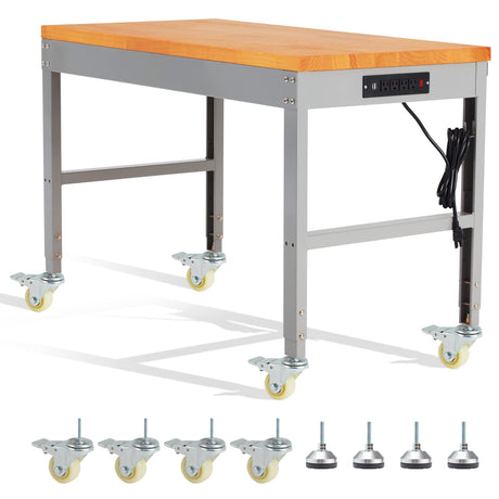 HABUTWAY Height Adjustable Workbench with Wheels 48" x 24" 2000 Lbs Capacity Oak Board Work Station Heavy-Duty Rolling Work Benches for Garage Party Shop Office (48 x 24 INCH Gray Frame) HABUTWAY