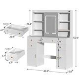 HUAHUU Vanity Desk with Mirror and Lights, Vanity Desk with Sliding LED Mirror, Makeup Vanity with Adjustable 3 Lights Modes, White Vanity with 5 Drawers & 2 Storage Cabinet, for Bedroom HUAHUU