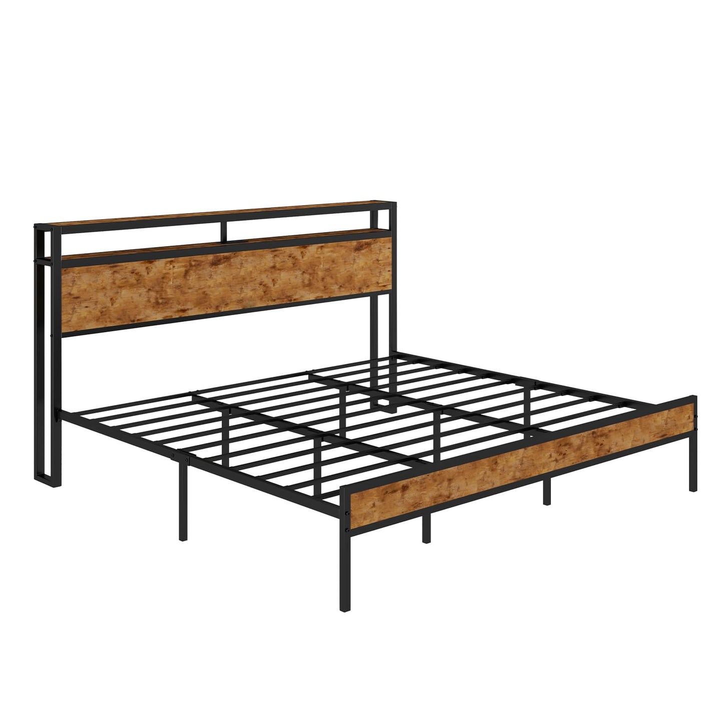 AMERLIFE Industrial King Size Bed Frame with Charging Station and 2-Tier Storage Headboard – No Box Spring Needed, Noise-Free, Dark Brown - WoodArtSupply