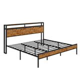 AMERLIFE Industrial King Size Bed Frame with Charging Station and 2-Tier Storage Headboard – No Box Spring Needed, Noise-Free, Dark Brown AMERLIFE