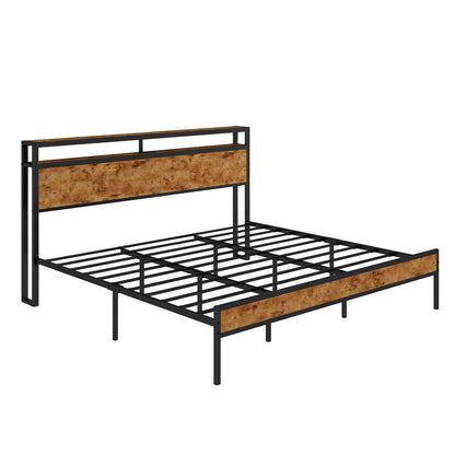 AMERLIFE Industrial King Size Bed Frame with Charging Station and 2-Tier Storage Headboard – No Box Spring Needed, Noise-Free, Dark Brown - WoodArtSupply