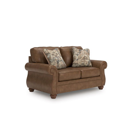 Signature Design by Ashley Shadsburne Rustic Faux Leather Loveseat with Nailhead Trim and 2 Throw Pillows, Brown Signature Design by Ashley