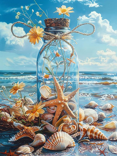 Bimkole 5D Diamond Art Kits for Adults Shell, Full Drill DIY Rhinestone Embroidery Set Paint with Diamonds Art Bottle on The Beach by Number Kits Cross Stitch Home Wall Craft Decoration 12x16 Inch