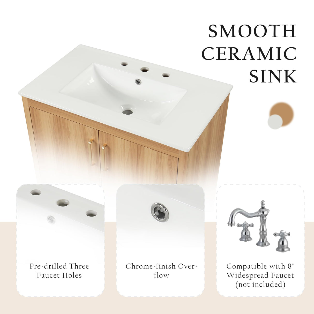 LUMISOL 30" Bathroom Vanity with Sink Combo, Wood Bathroom Storage Cabinet with 1 Drawer and 2 Doors, Multifunctional Racks, Solid Wood Bathroom Vanity with Ceramic Sink, Natural LUMISOL