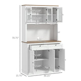 HOMCOM 71" Kitchen Pantry Cabinet, Freestanding Kitchen Hutch with Microwave Stand, 2 Drawers and Adjustable Shelves, Bar Cabinet with Glass and Recessed Doors for Dining Room, White HOMCOM