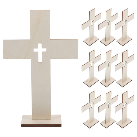LOGOFUN 10pcs Wooden Cross Ornament Cross Art Sign with Base Churches Wood Cross With Stand Crafts for Home Wedding Church Decoration LOGOFUN