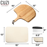 Cuzi Gourmet 3-Piece Pizza Stone Set - 15x12" Thermal Shock Resistant Cordierite Pizza Stone, 15x12" Natural Wood Pizza Peel & Pizza Cutter - Pizza Stone for Grill and Oven Cuzi Gourmet