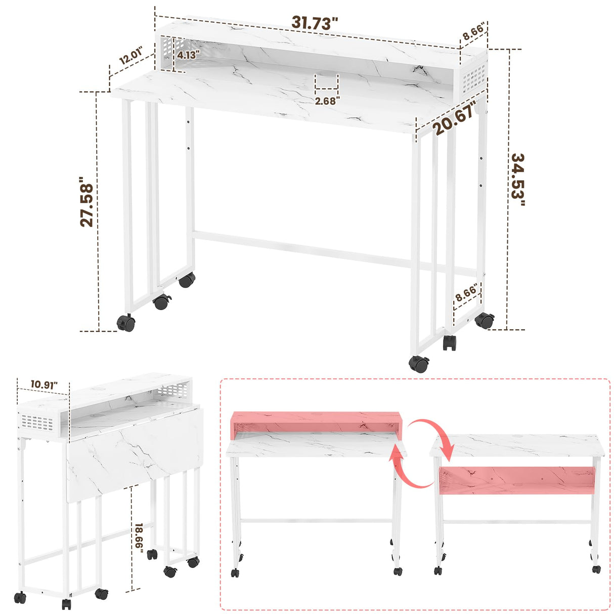 Gezen Folding Desk with Storage Shelf, Small Rolling Desk with Wheels, Mobile Couch Desk Sofa Side Table Bed Desk for Home Office Small Space, White Marble, 31.5" Gezen