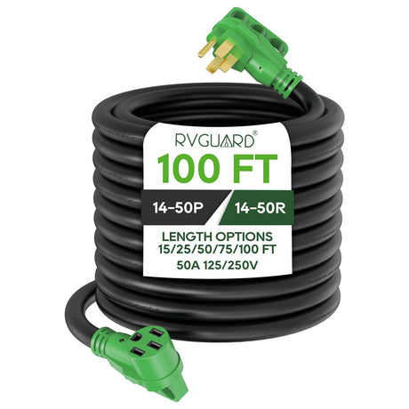 RVGUARD 50 Amp 100 Foot RV/EV Extension Cord, NEMA 14-50P/R Heavy Duty Extension Cord with LED Power Indicator and Cord Organizer, Green, ETL Listed RVGUARD