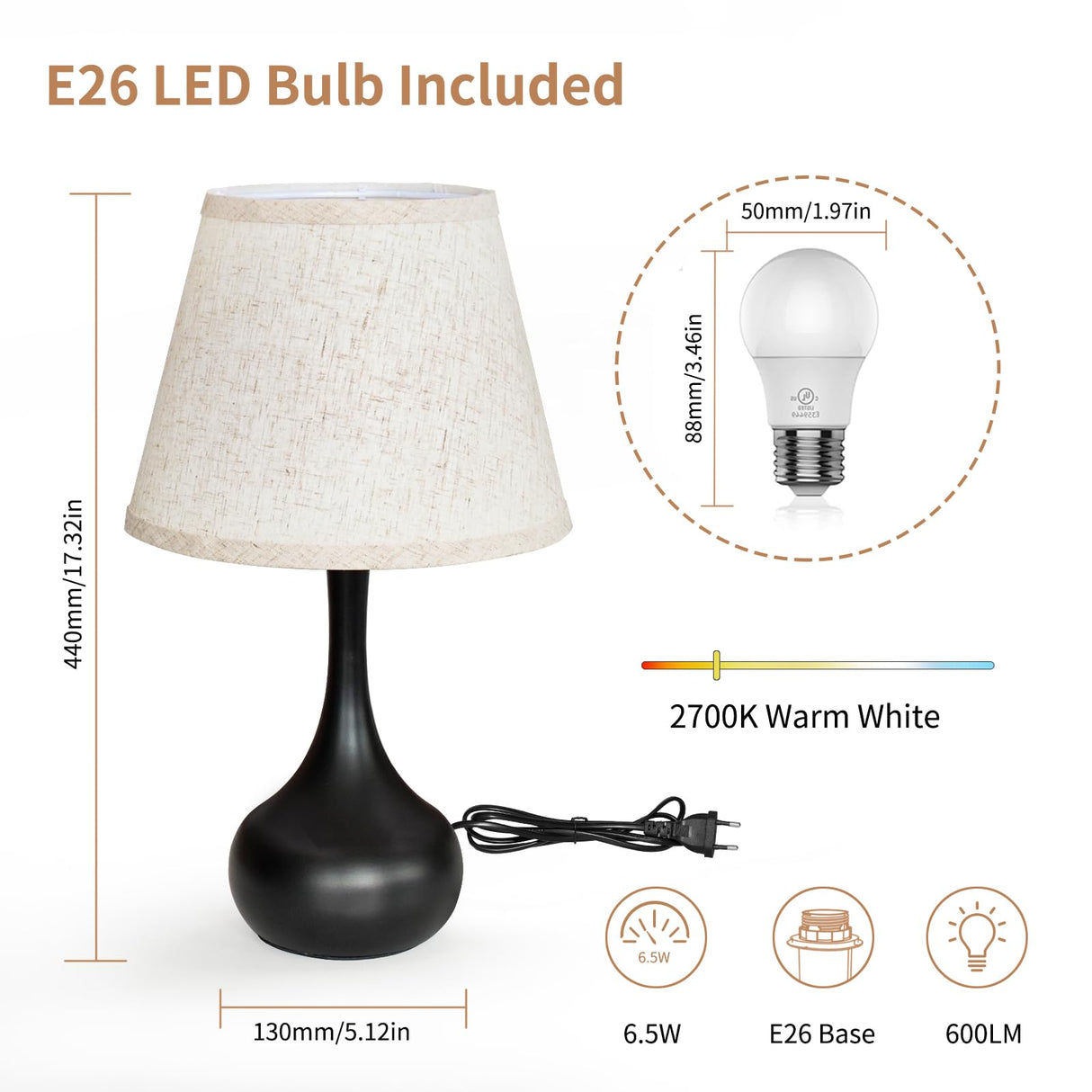 ONEWISH Touch Bedside Lamp for Bedroom, 3-Way Dimmable Farmhouse Table Lamps for Nightstand with Fabric Shade, Desk Lamp for Kids Reading, Home Office ONEWISH