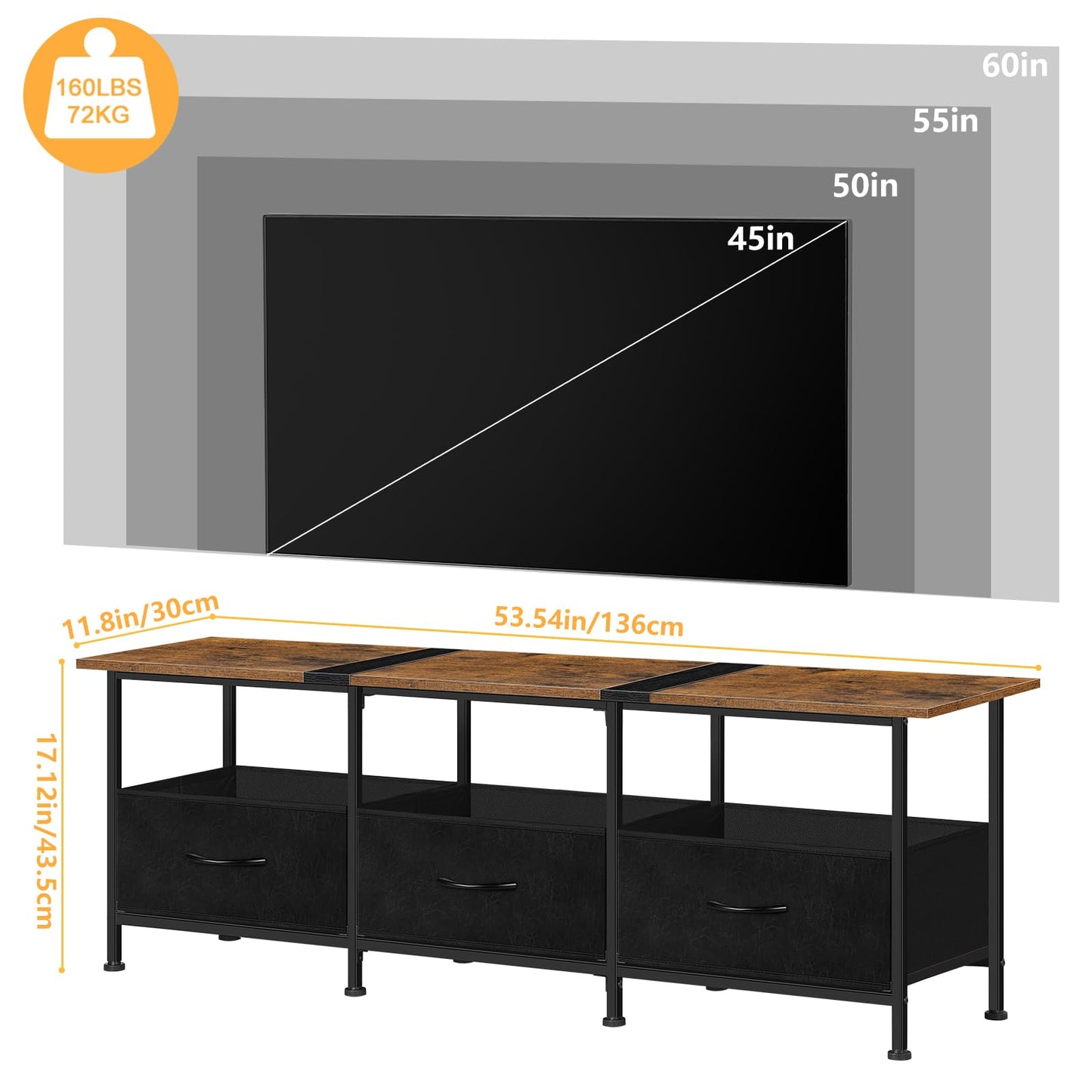 TV Stand for 55 Inch TV, Modern Entertainment Center with 3 Fabric Drawers for 50/55/60 inch and Open Storage Shelf, Industrial TV Stands Media Console Table for Living Room and Bedroom, Brown