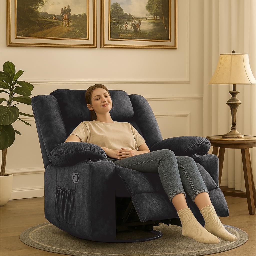 COMHOMA Recliner Chair,360°Swivel Rocker Recliners with Cup Holders&Side Pockets,Manual Reclining Single Sofa,Fabric Upholstered Lounge Chairs for Living Room,Gray COMHOMA