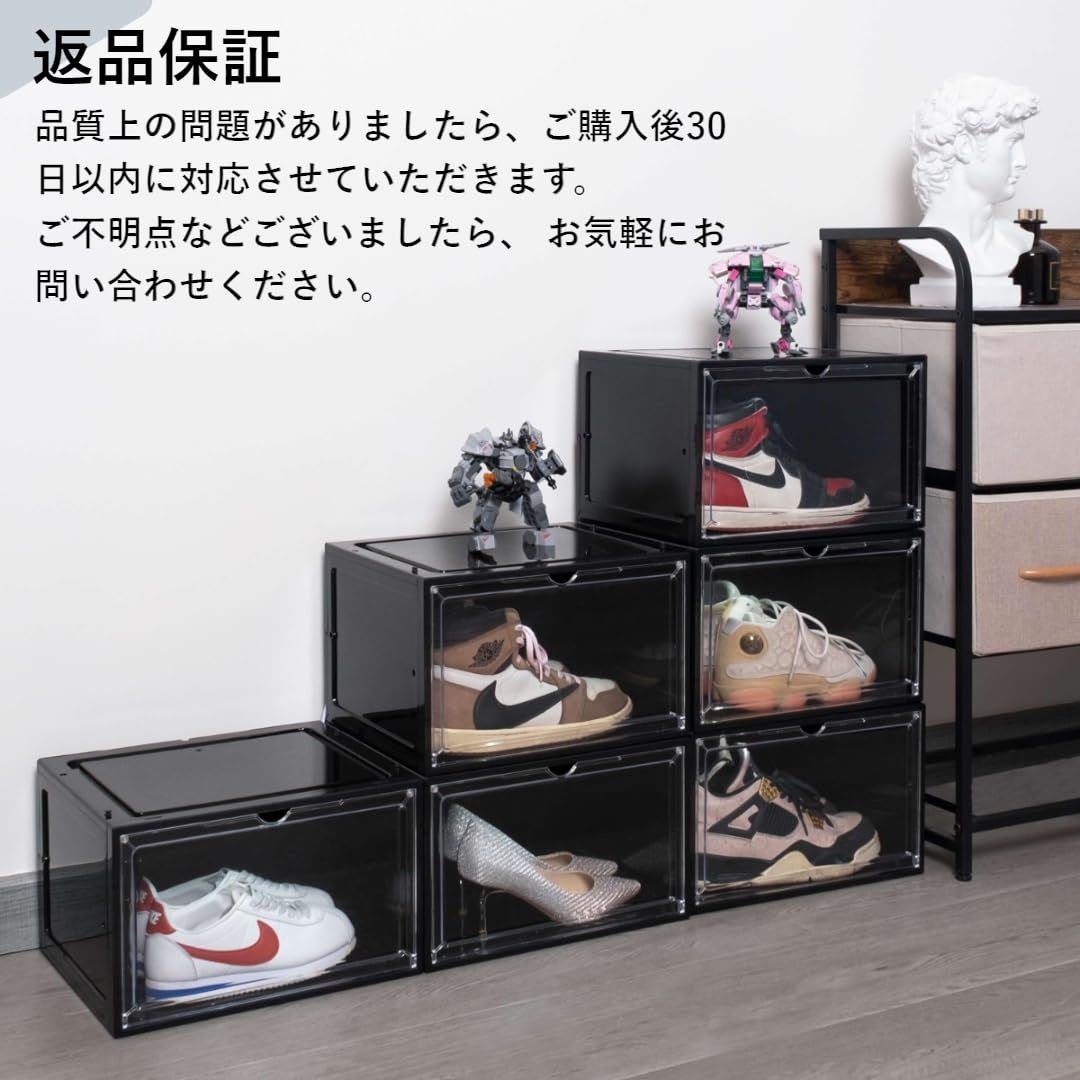 SINUOLIN Shoe Box Shoe Storage Organizer 2024 NEW 6 Pack LED Clear Plastic Stackable Side Drop Front Display Foldable Sneaker Containers Bins Fit up to Size 12 (Black) SINUOLIN