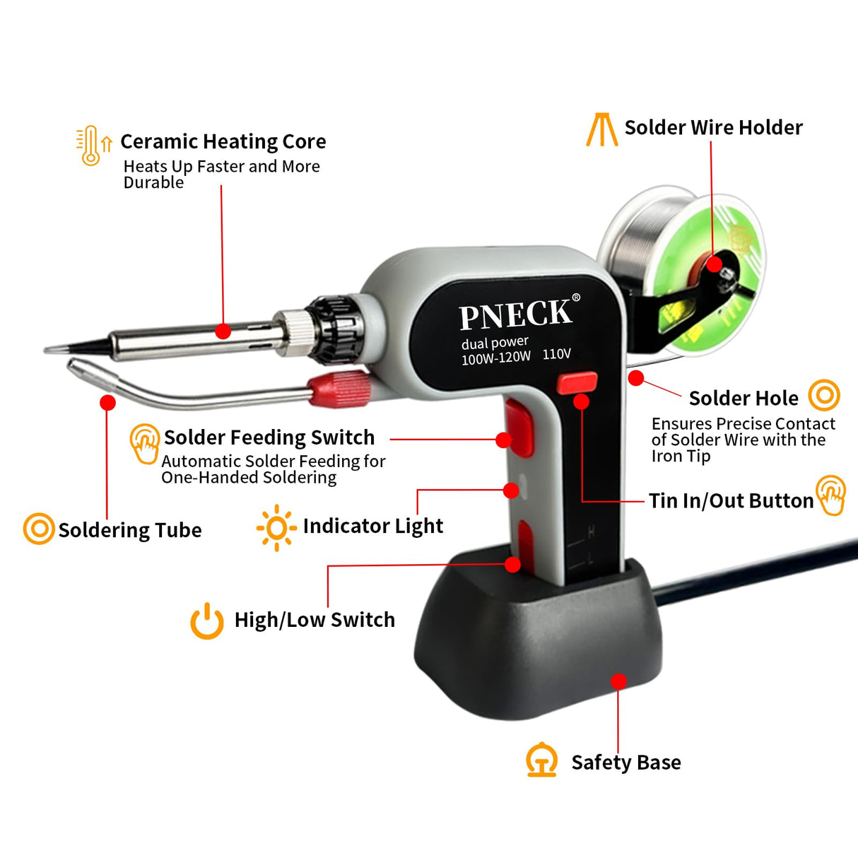 PNECK Automatic Soldering Gun Kit, 100W/120W Dual Power Soldering Iron Kit with Ceramic Heater, 5 Tips, Pump, flux, Tweezers for Electronics Welding Repair DIY PNECK