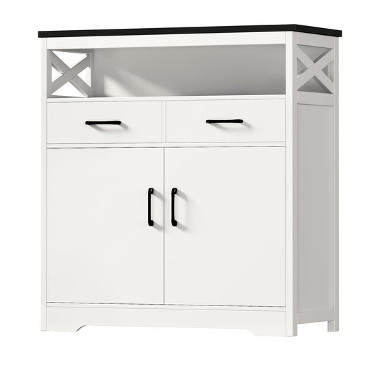 HOSTACK Modern Farmhouse Buffet Sideboard, Kitchen Storage Cabinet with Shelves and Doors, Wood Buffet Cabinet with Drawers, Coffee Bar, Floor Cabinet Cupboard for Living Room, White+Black - WoodArtSupply