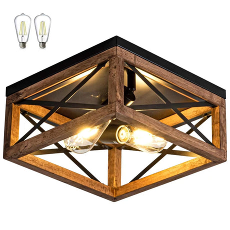 Rpzloila Flush Mount Ceiling Light Fixture for Kitchen Hallway, 2-Light Close to Ceiling Light with Black Metal and Wood Design, Rustic Farmhouse Ceiling Rpzloila