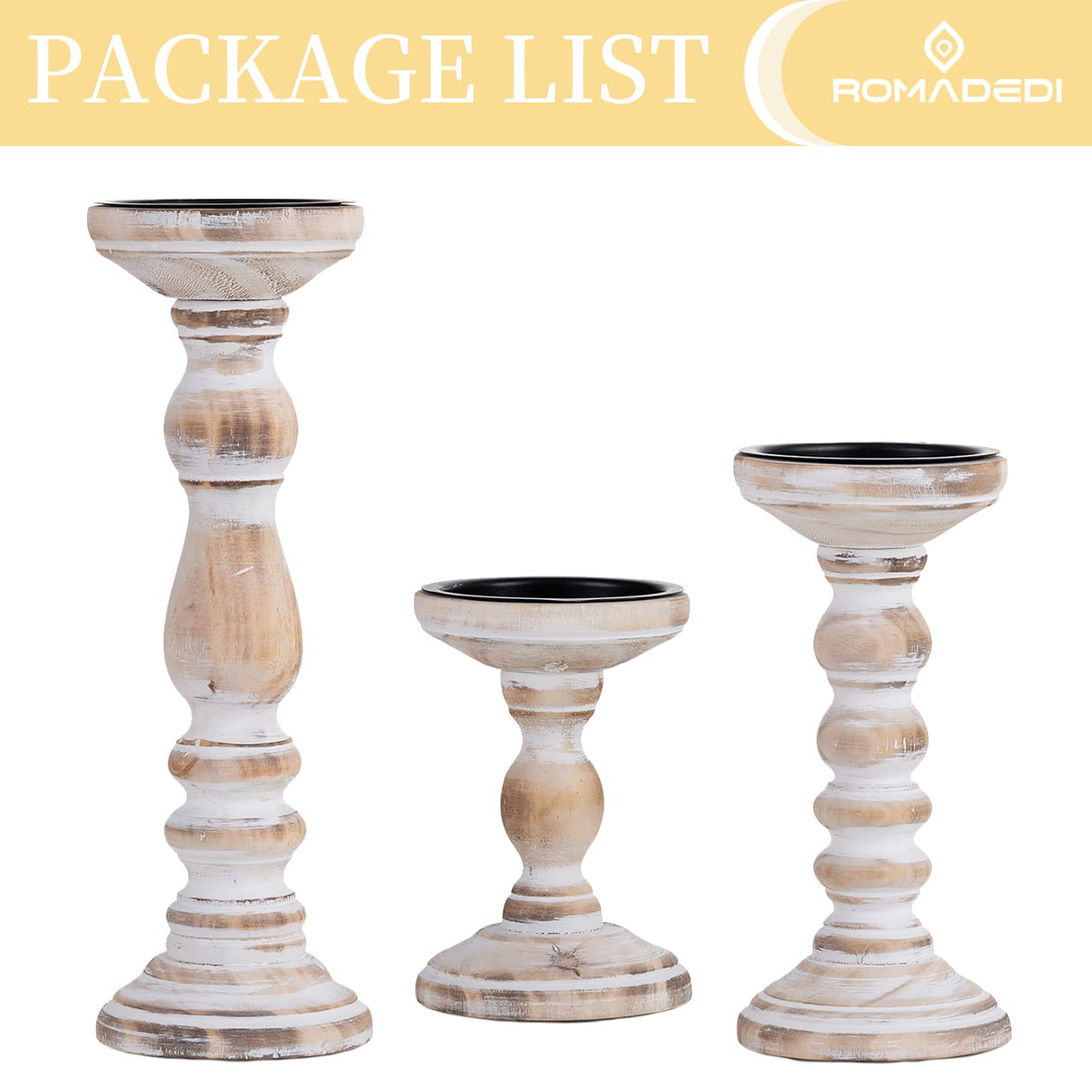 Candle Holder for Pillar Candles: Romadedi Set of 3 Decorative Wood Candlestick Holders, Rustic Wooden Candle Stand for Fireplace Mantle End Table Shelf in Farmhouse Style, Whitewashed 6”, 8.3”, 12” Romadedi