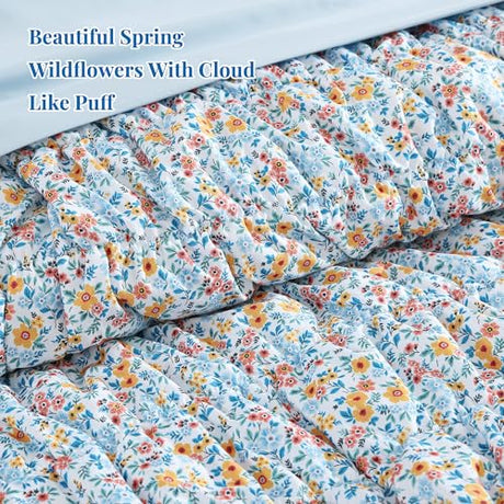 BLOOMHAVEN Queen Comforter Set - 7 Pieces Blue Classic Puff Floral Bedding Sets for All Seasons, Shabby Chic Farmhouse Bed in a Bag Queen with Wildflowers Fluffy Comforter, Sheets, Pillowcases & Shams BLOOMHAVEN