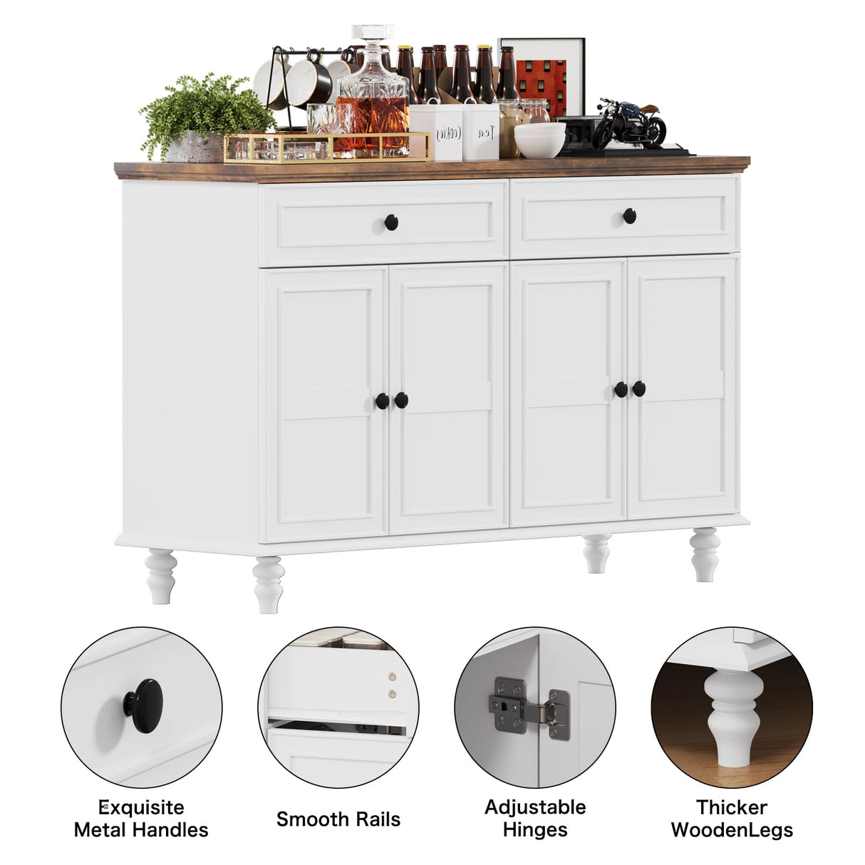 Farmhouse Buffet Cabinet with Storage, 47.6" Buffet Sideboard with 2 Drawers and 4 Doors, Wooden Kitchen Storage with Adjustable Shelves, Rustic Top Console Table for Dining Room, Kitchen or Entryway PROXRACER