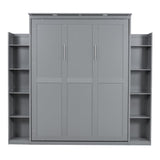Merax Queen Size Wood Modern Murphy Bed with 2 Five-Layer Cabinet, Wall Bed with Shelves and LED Lights, Foldable Platform Bed Folded into Cabinet for Guest Room, Home and Office, Grey Merax