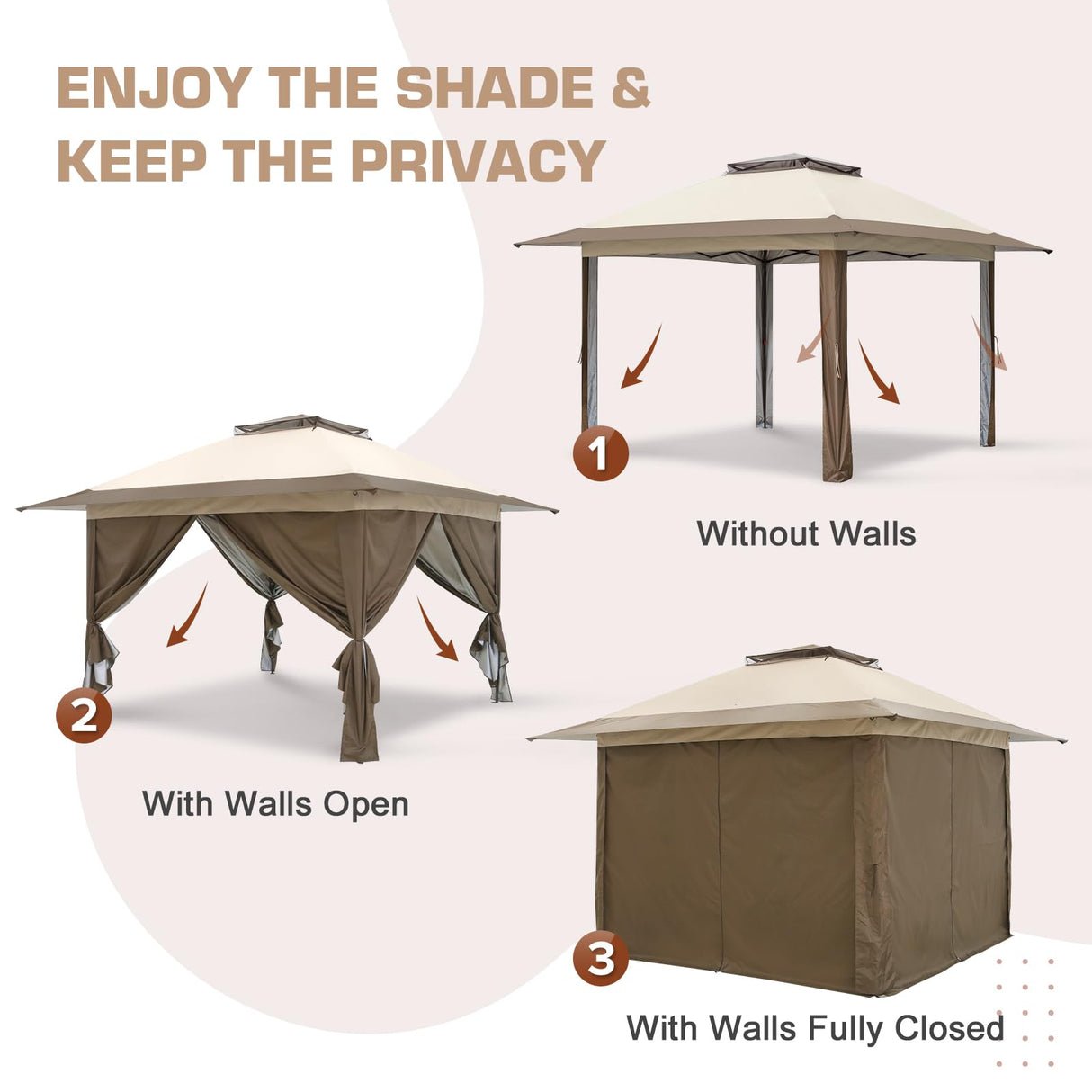 EAGLE PEAK 13x13 Pop Up Gazebo with 4 Wall Panels, Easy Up Canopy for Patio and Backyard, Easy Set up Outdoor Gazebo (Beige/Brown) EAGLE PEAK