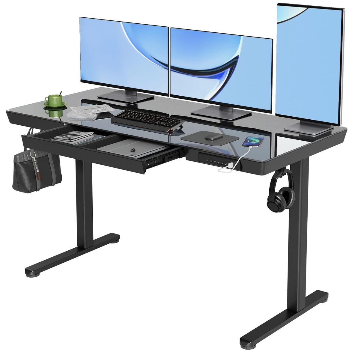 YDN Glass Standing Desk with Drawers, 55 x 24 Inch Electric Stand Up Desk with USB Ports, Adjustable Height Desk for Home Office, Black YDN
