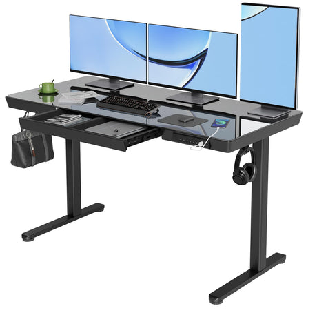 YDN Glass Standing Desk with Drawers, 55 x 24 Inch Electric Stand Up Desk with USB Ports, Adjustable Height Desk for Home Office, Black YDN