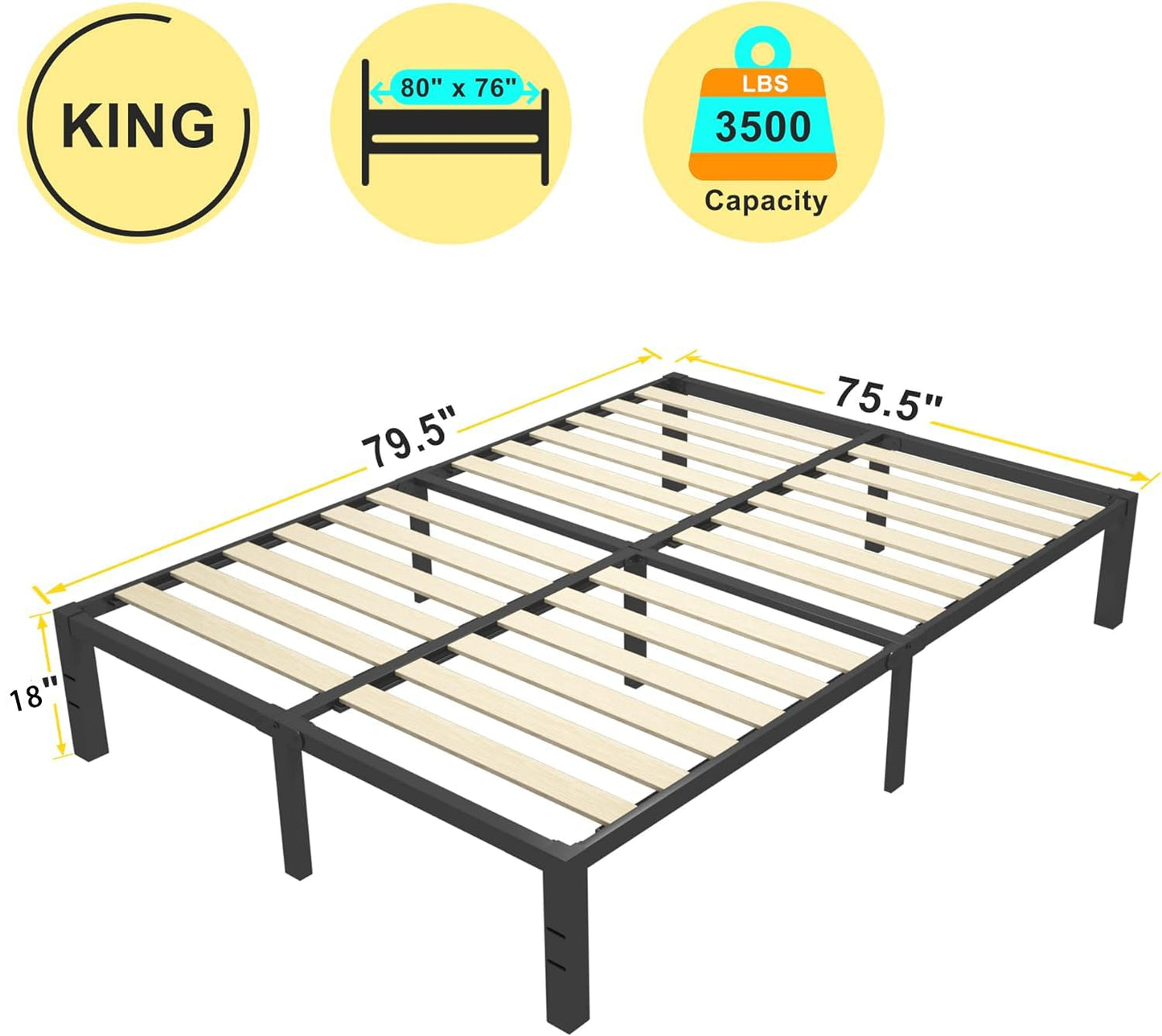 ROIL 18 Inch Heavy Duty King Bed Frame with Wooden Slats and Under-Bed Storage - WoodArtSupply