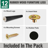 FoDau770 Black Rubber Wood Furniture Legs 12 Inch, Straight Tapered Wood Legs Mid Century Sofa Legs Set of 4, 5/16" UNC Furniture Feet Replacement Legs for Cabinet Sofa Couch Dresser Chair Ottoman FoDau770