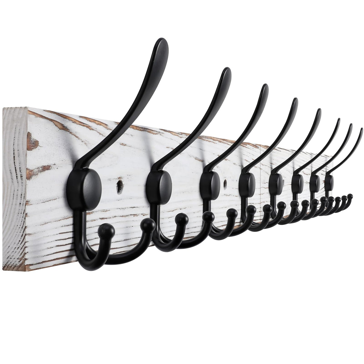 Kuhome 32.2'' Large Coat Rack Wall Mount Coat Hooks with 8 Metal Black Triple-Hooks Old White Pine Real Wood Plank Hat Rack for Wall Hooks Kuhome