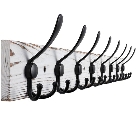 Kuhome 32.2'' Large Coat Rack Wall Mount Coat Hooks with 8 Metal Black Triple-Hooks Old White Pine Real Wood Plank Hat Rack for Wall Hooks Kuhome