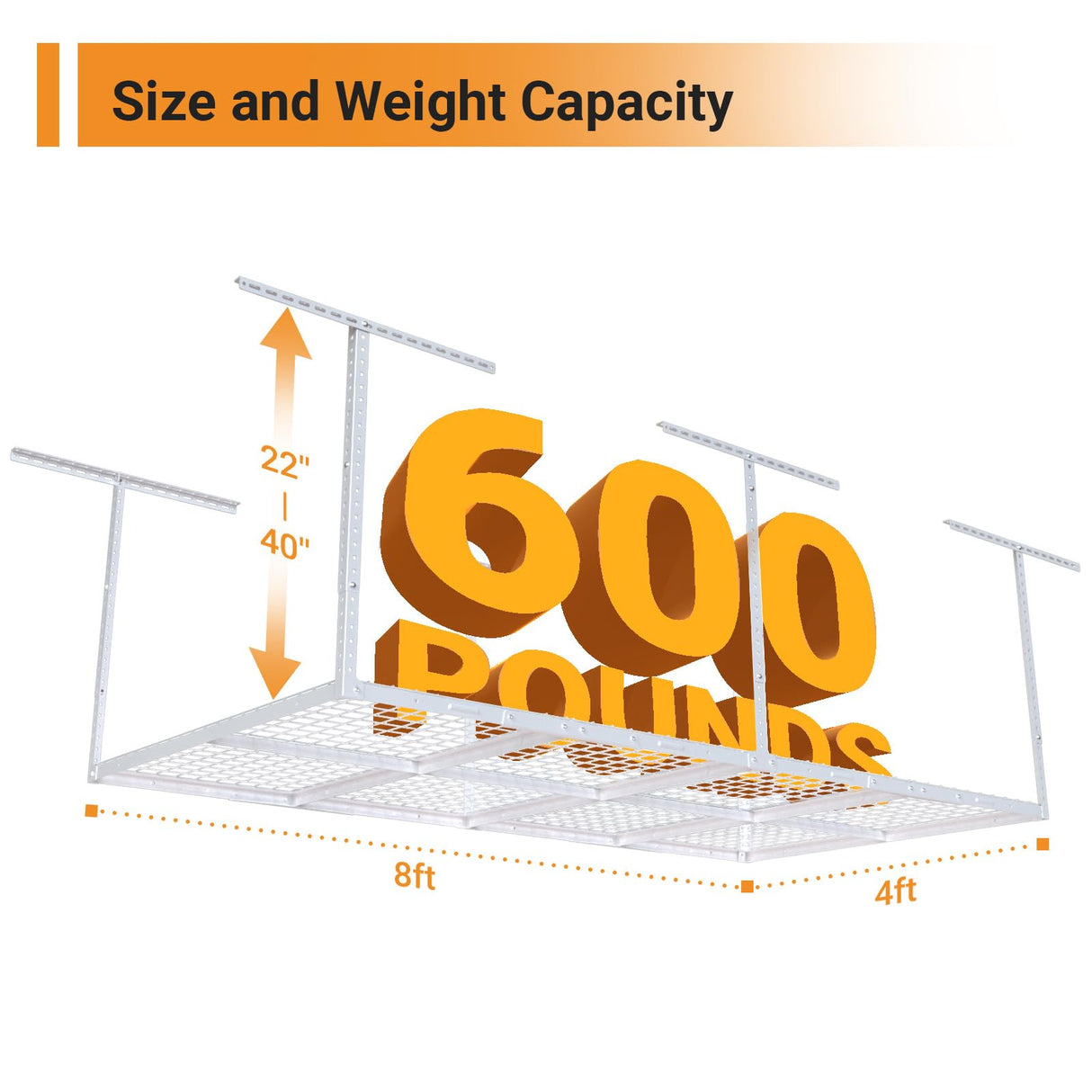 eShelf 4ftx8ft Overhead Garage Storage Rack, Heavy-Duty Metal Garage Ceiling Storage Rack, 22''-40" Adjustable Ceiling Drop-Down, 600 lb. Loading Weight Capacity, White eShelf