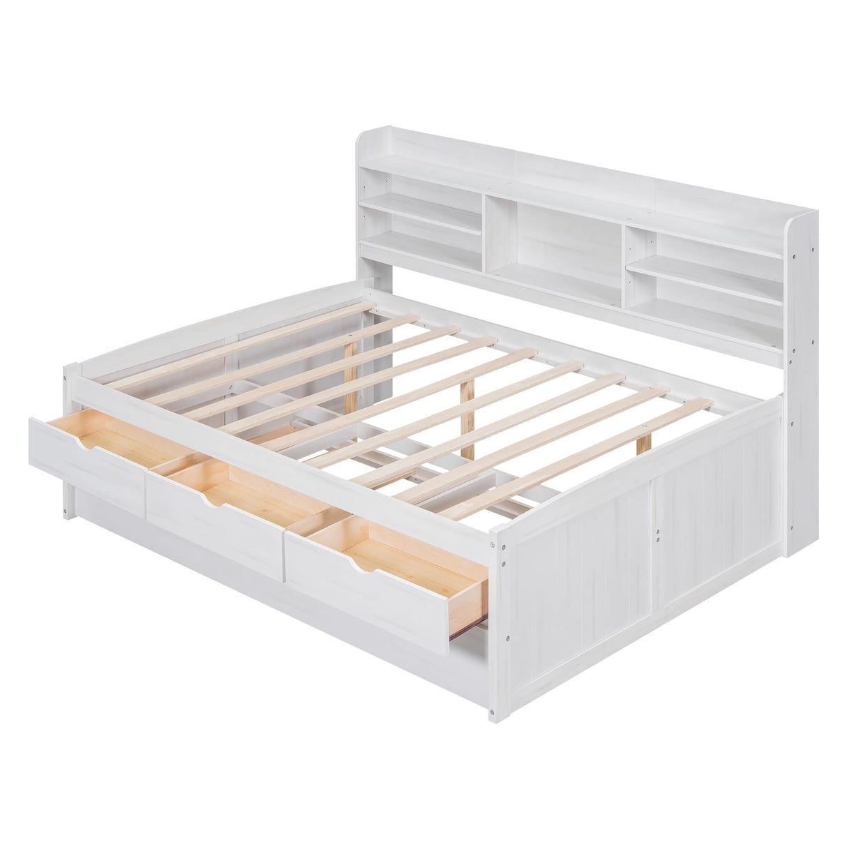 Harper & Bright Designs Full Size Captain Bed with Built-in Bookshelves/3 Storage Drawers/Trundle, Wooden Full Daybed Bed Frame for Kids Teens Dorm Bedroom Multipurpose Guest Room, White Wash Harper & Bright Designs