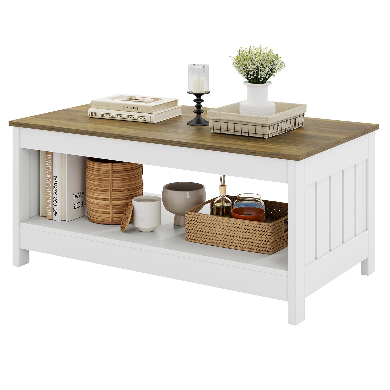 Coffee Tables for Living Room, Modern Coffee Table,21.65" D x 39.7" W x 17.72" H Farmhouse Coffee Table with Storage,Wood Cocktail Table,Small Center Table,White &Farmhouse Brown - WoodArtSupply