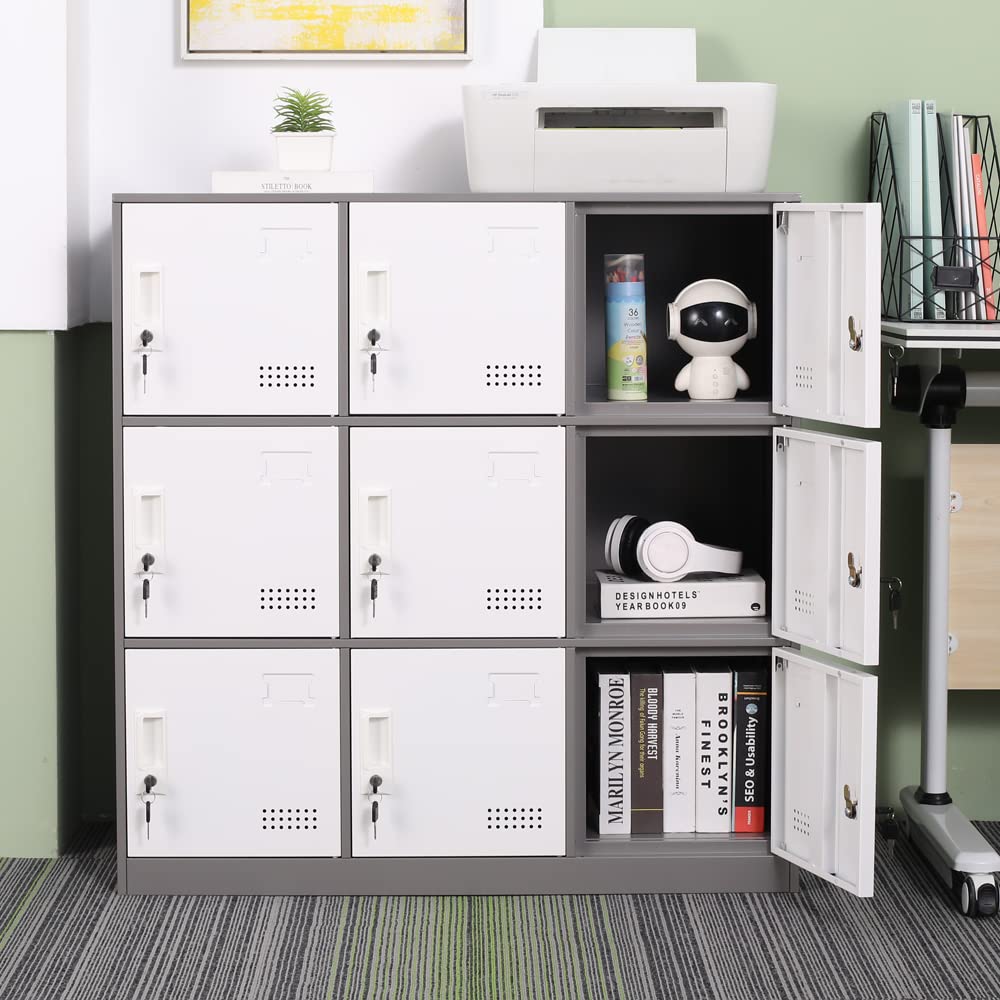 iCHENGGD Metal Locker 9 Door Storage Cabinet, Steel Storage Lockers for Employees, with Lock and Ventilation, Office School Gym Use (Grey) iCHENGGD