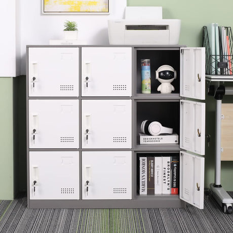iCHENGGD Metal Locker 9 Door Storage Cabinet, Steel Storage Lockers for Employees, with Lock and Ventilation, Office School Gym Use (Grey) iCHENGGD