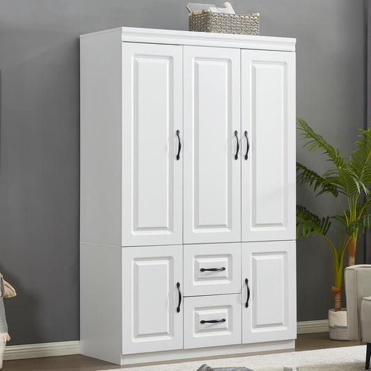 Sophshelter Wardrobe Armoire Storage Cabinet Wood: 3 Door 2 Drawers White Closet Wardrobe for High Storage Capacity with 3 Shelves and Metal Handles for Tall Cabinet Closet