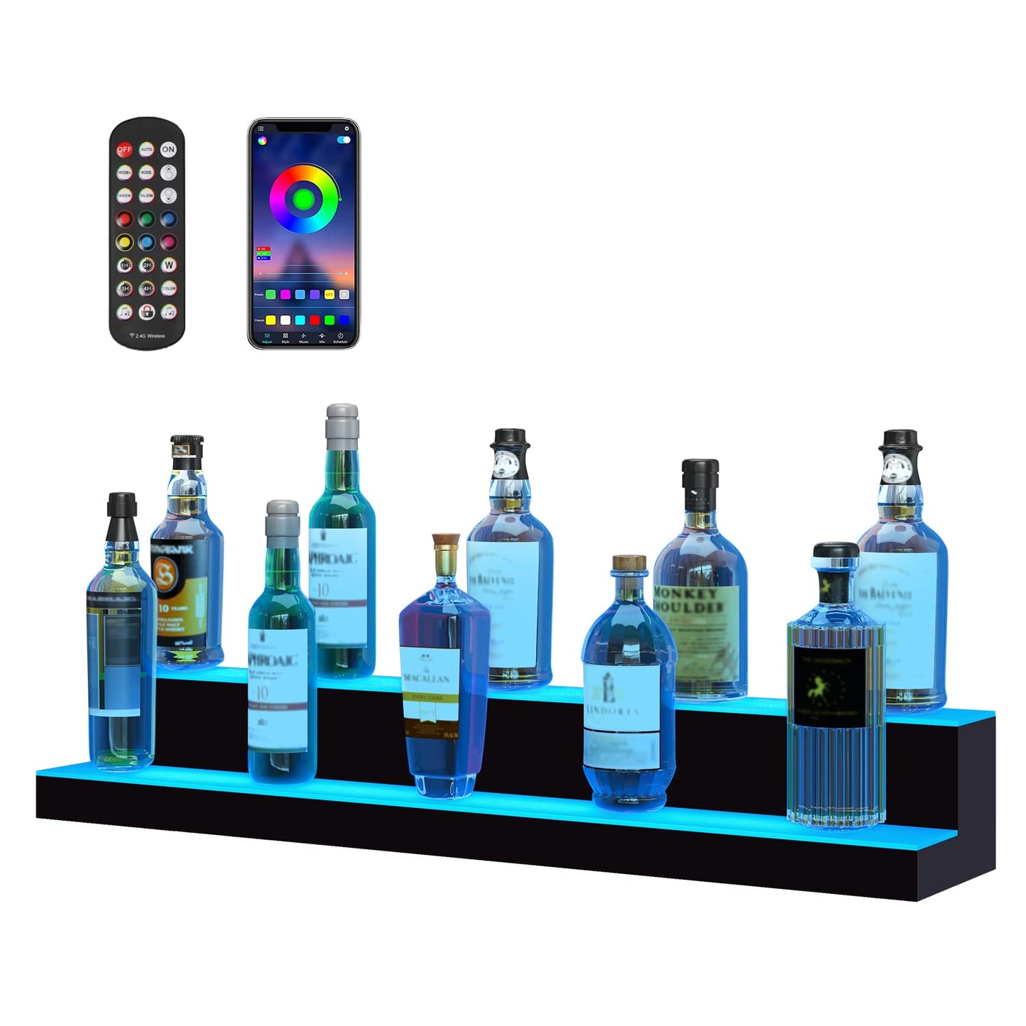 VEVOR LED Lighted Liquor Bottle Display Shelf, 40-inch LED Bar Shelves for Liquor, 2-Step Lighted Liquor Bottle Shelf for Home/Commercial Bar, Acrylic Lighted Bottle Display with Remote & App - WoodArtSupply