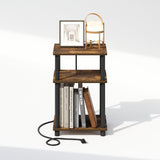 Furinno Just 3-Tier Turn-N-Tube Open Storage Nighstand, Bedside Table with USB and Type-C Charging Station, Amber Pine/Black Furinno