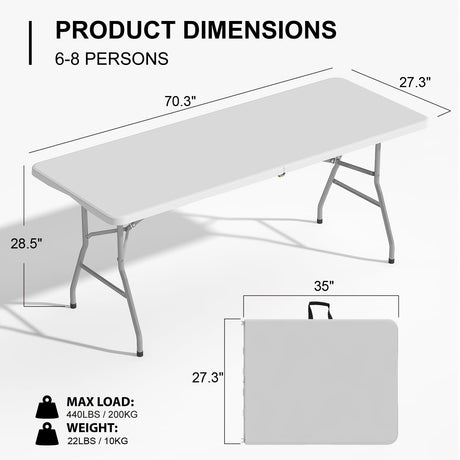TRINEAR 6FT Folding Table, Portable Plastic Folding Table, Folding Dining Table with Carrying Handle, Party Table Easy Folding and Storage, for Indoor or Outdoor Use TRINEAR