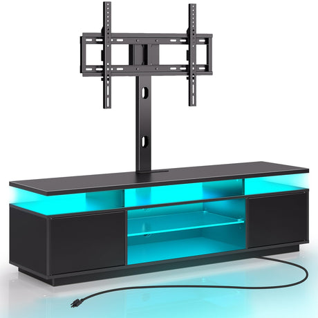 Rolanstar TV Stand with Mount and Power Outlet 59.1", Swivel TV Stand Mount for 32/45/55/60/65/70 inch TVs, Height Adjustable Modern Entertainment Center with Storage & LED Lights, Black TV Table Rolanstar