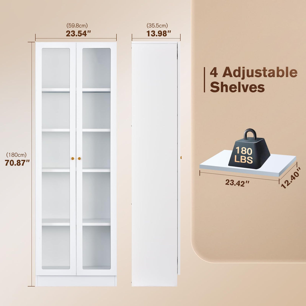 Alvisyd 5 Tier Metal Curio Cabinets, Modern Bookshelf Cabinet with 4 Adjustable Shelves, Cabinet Display Case for Home Office, Living Room, Pantry (White-23.54W) Alvisyd