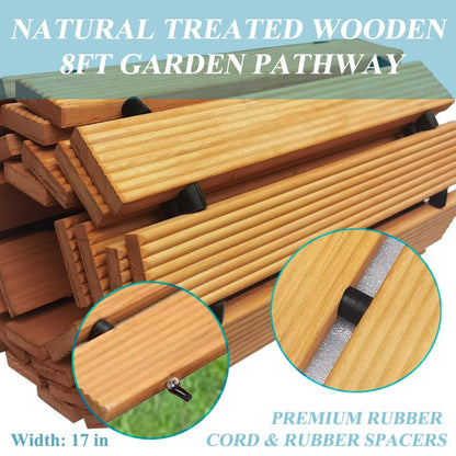 8' Wooden Garden Pathway, Straight Hardwood Outdoor Roll Out Walkway Lawn Boardwalk Wood Patio Path Decor for Beach Wood Flooring and Party Paths - WoodArtSupply