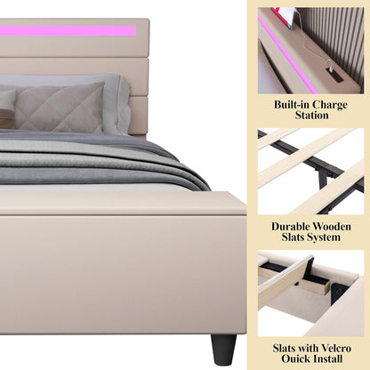 Kallabe King Size Upholstered Platform Bed Frame with LED Lights, USB Ports, and Storage - Noise-Free Design, Easy Assembly, Beige - WoodArtSupply